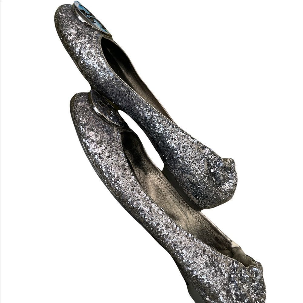 Tory Burch "Reva" Glitter Dark Blue Silver Flat - Picture 3 of 6